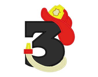 Fireman Number 3 applique machine embroidery design (perfect for birthday shirt)- 3 sizes 4x4", 5x7", 6x10"