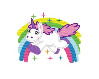Unicorn and Rainbow Applique with fill stitch details machine embroidery design- 3 sizes 4x4", 5x7", 6x10"