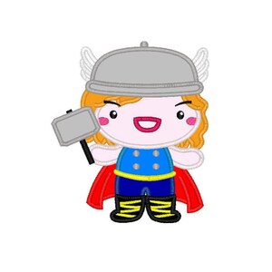 May include: A cartoon illustration of a character inspired by Thor. The character has orange hair, a silver helmet with wings, and a red cape. They are holding a gray hammer and wearing a blue top with gold accents and black boots.