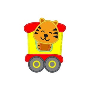 May include: A colorful cartoon train with a smiling tiger face in the window. The train is yellow with a red roof and wheels. The tiger is orange with black stripes and a happy expression. A cheerful design.