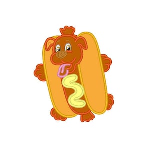 Dog in hotdog costume applique machine embroidery design- 3 sizes 4x4&quot;, 5x7&quot;, 6x10&quot;