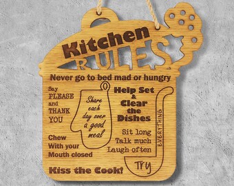 Engraved Wood Kitchen Rules Sign, Rustic Family Wall Art