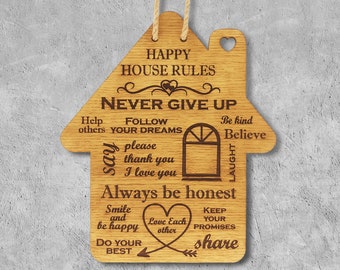 Engraved Wood House Rules Sign, Rustic Family Wall Decor