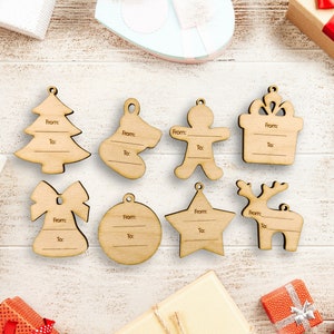 Ornamenti per confezioni regalo di Natale in legno, set di 8 etichette regalo incise, bomboniere natalizie, abbellimenti natalizi per confezionare regali