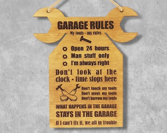 Engraved Wood Garage Rules Sign, Man Cave Decor