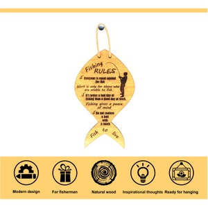 fishing rules features:
Modern design;
Gift for fisherman;
Made of natural wood;
With inspirational thoughts;
Ready for hanging.