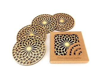 Laser Cut Wooden Drink Coasters, Floral Mandala Rustic Table Mat, Set of 4