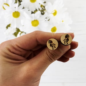 Playing Hippie Engraved Stud Earrings: Rustic Wood Jewelry, Music Festival Ear Accessory 12 mm Round, Original Style Gift for Musician