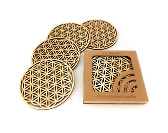 Geometric coasters with holder, Laser cut table mat of wood, Housewarming gift set of 4 drink coasters, Modern table serving decor