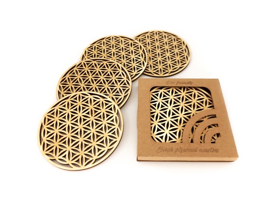 Wood Coasters for Drinks With Holder LaserCut Geometric 206