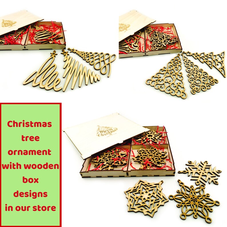 Christmas tree ornament with wooden box designs in our store.