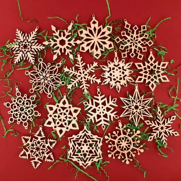 Wooden snowflakes ornament, Set of 16 Christmas tree decoration, Laser cut Xmas hanging figure, Winter holiday decor gift
