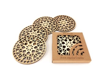 Snowflake coasters gift for Christmas, Laser drink coasters set of 4 with holder, Wooden table mat for dining room table decor