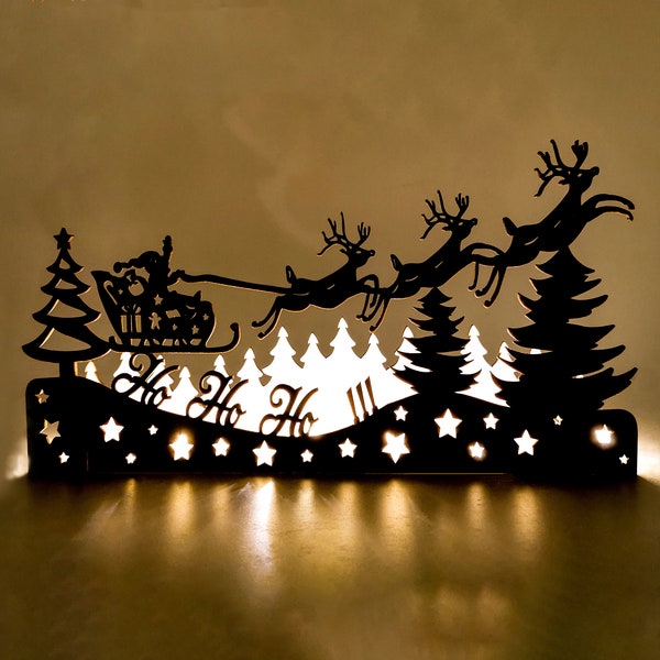 Laser cut Christmas Santa Claus sleigh with reindeer ornament, Rustic Hohoho decoration, Winter holiday home decor, Wooden Xmas light gift