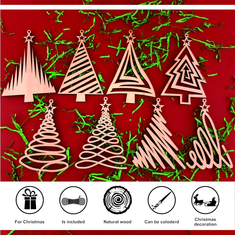 Christmas tree ornament features:
Christmas decorations;
Linen ropes are included;
You can also buy an engraved Christmas box;
Handmade;
Made of natural wood.