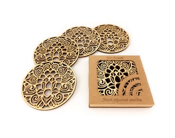 Laser Cut Lily Wooden Coaster Set of 4, Botanical Drink Mats