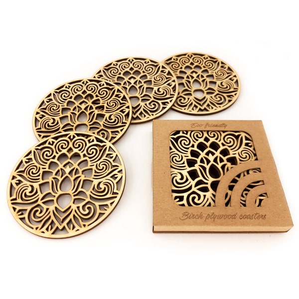 Vintage wood coaster with holder, Beverage flower cup mat, Laser cut coasters set of 4, Rustic table decoration, Drinkware gift for new Home