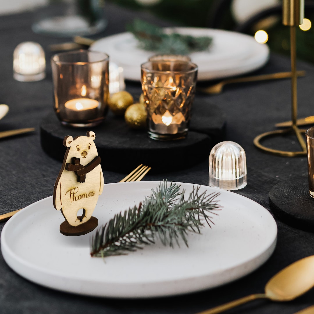 Personalized Christmas Bear, Wooden Table Place Setting, Engraved ...