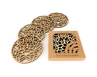 Floral Laser Cut Wood Coasters, Rustic Table Mat set of 4 - Housewarming Gift