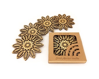 Wooden Sunflower Coasters, Laser Cut rustic table mat set of 4, Housewarming Gift