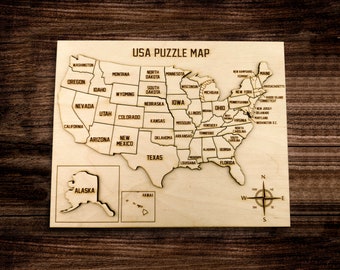 Rustic United states map puzzle, Wooden engraved USA travel keepsake, Educational geography kid game toy, America room decor gift for home