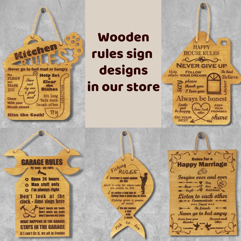 Wooden rules signs designs in our store.