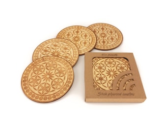 Engraved Wood Coasters with Holder, Folk Art Drink Coaster Set of 4