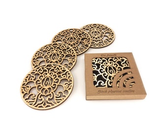 Laser Cut Wooden Tulip Coaster Set of 4, Nature Inspired Drink Mats -Housewarming Gift