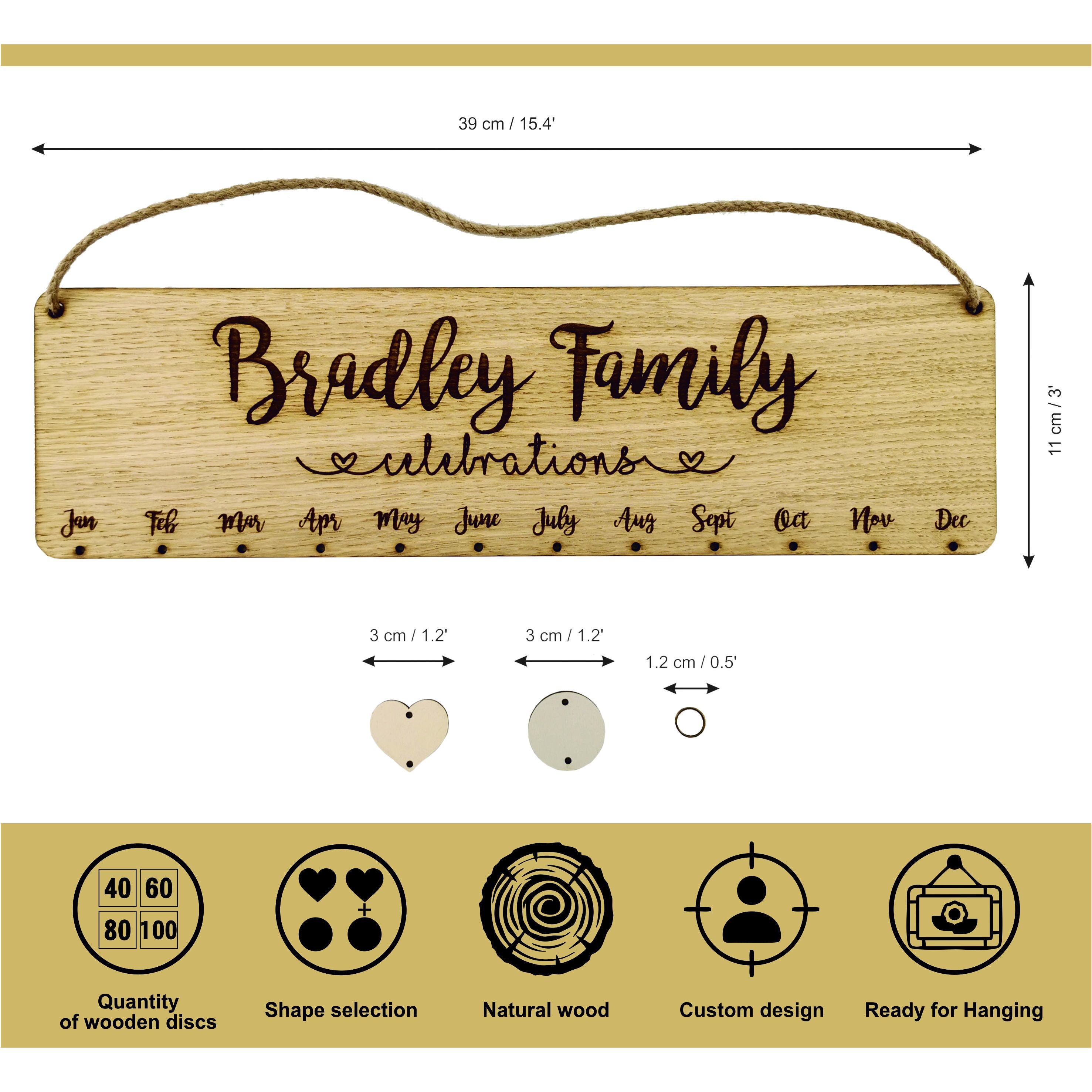 Flexzion Calendario Compleanni Famiglia In Legno 40x12 Cm: Fai Da Te Con 50 Etichette E Cuori, Regalo Personalizzato