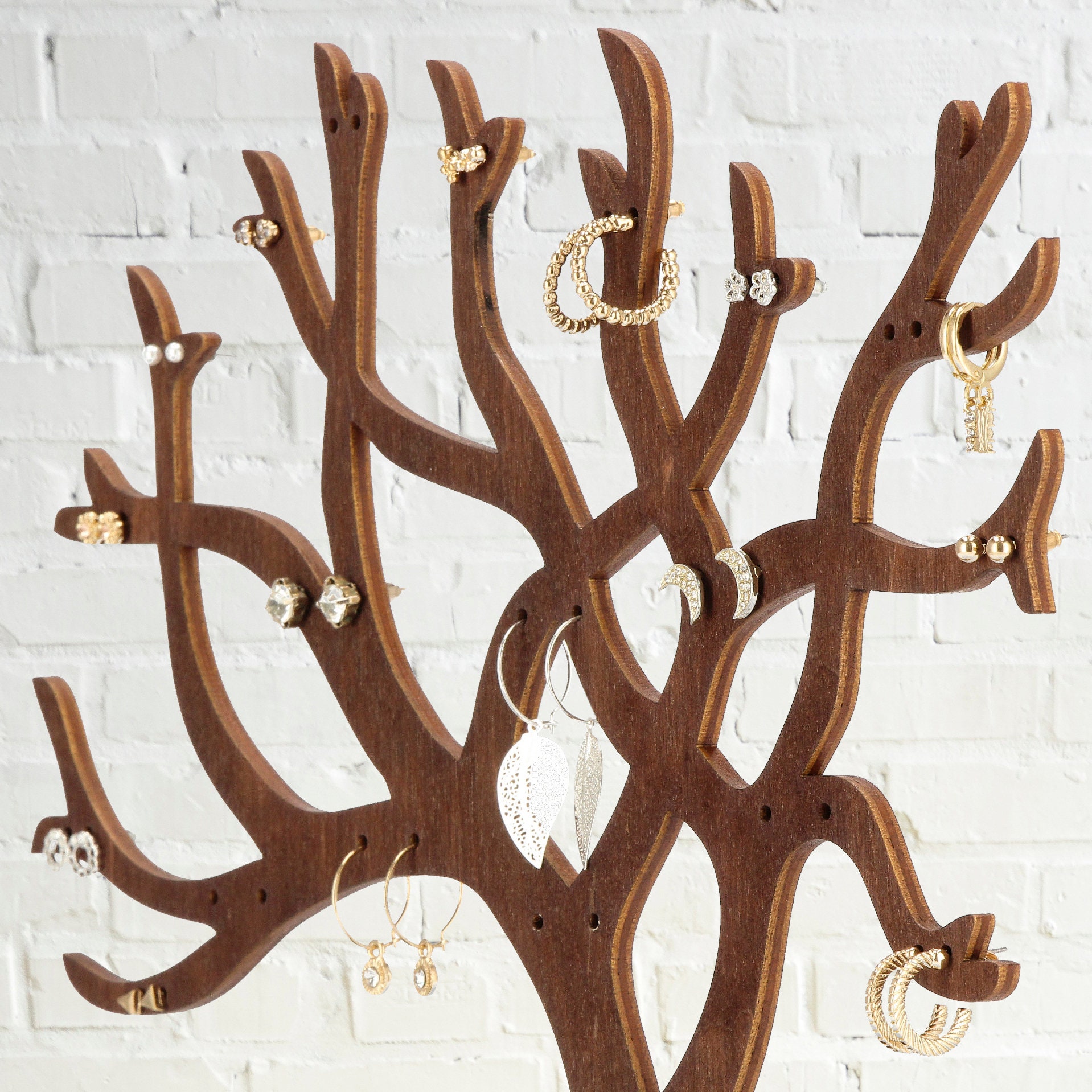 Rotating Tree Branch Jewelry Stand With Storage Box - Hanging Organizer For Rings, Necklaces, Earrings