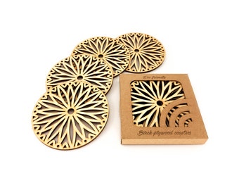 Rustic coasters set of 4 with holder, Laser cut table mat of wood, Drink placemat housewarming gift, Table serving decoration for cozy home