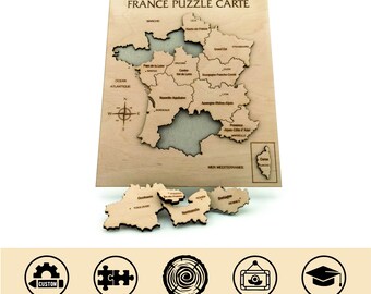 Puzzle Map of France With Cities of Wood, Engraved Map of the