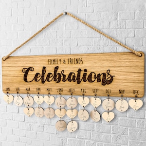 Engraved family birthday board & hanging holiday planner: Wooden wall calendar for Grandma - Celebration of life reminder