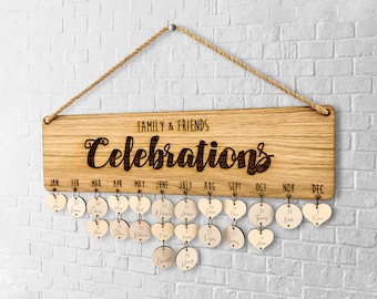 Engraved family birthday board & hanging holiday planner: Wooden wall calendar for Grandma - Celebration of life reminder