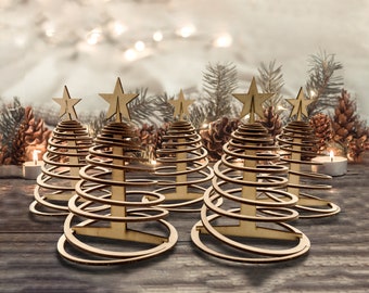 Wooden Christmas tree ornament set of 6, Rustic modern Xmas tree decorations, Standing laser cut mini Christmas  tree figure toy