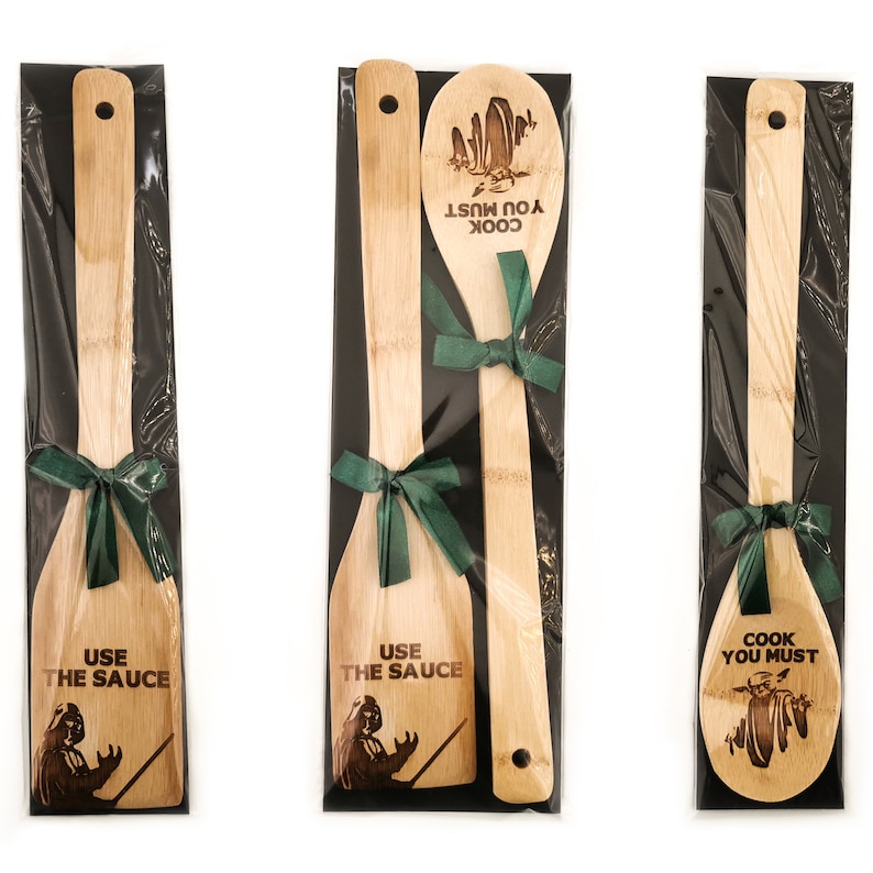 Packaged sets of bamboo spatulas and spoons, as well as individual bamboo spatula and spoon. All cookware is engraved with Star was.