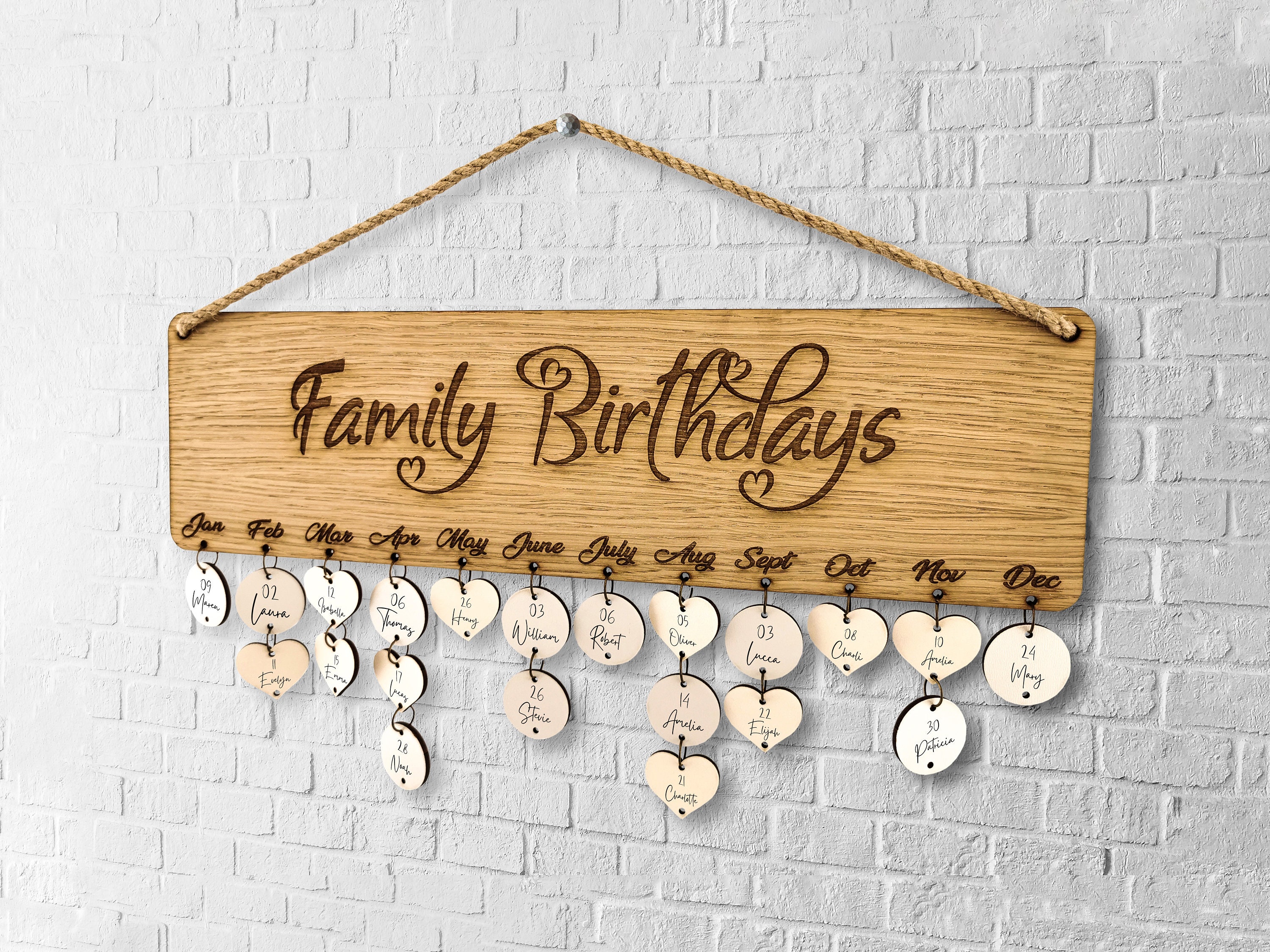 Calendar birthday family board wall hanging, Wooden family birthday calendar gift for housewarming, Family planner with dates to remember