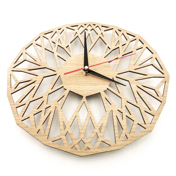 Retro geometric wall clock, Vintage hanging wall decoration, Wood wall decor 30 cm / 12 "( 48 cm / 19"), Large laser cut battery clock