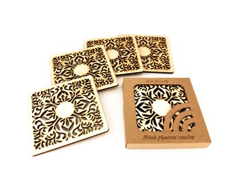 Laser Cut Square Coaster Set of 4 with Holder