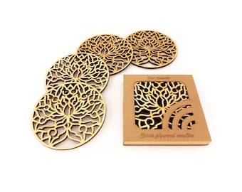 Beverage wooden coasters with holder, Set of 4 laser cut table mat, Geometric art table ornament, Kitchen decoration gift for new home