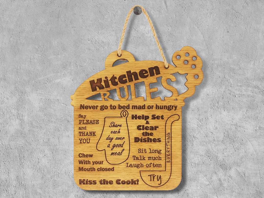 Wooden Kitchen Rules Sign Gift for Cooking Baker, Engraved Kitchen Decor, Rustic Wall Hanging