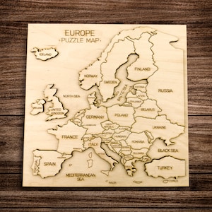 Houten puzzel kaart van Europa, 3D-lasergesneden geografische kunst voor volwassenen, vintage continentdecor voor thuis, educatief speelgoed voor kinderen