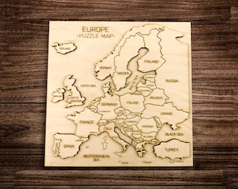 Map of Europe wood puzzle, 3D laser cut geographic art for adult, Vintage continent decor for the home, Educational game toys for kid