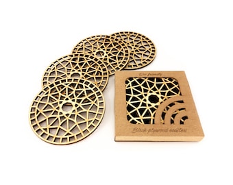 Geometric Wood Coasters Set of 4, Laser Cut Drink ware holder
