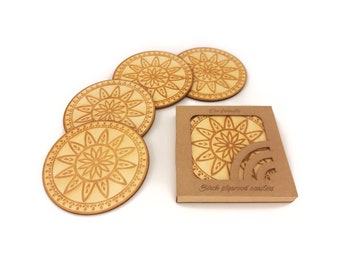 Engraved coasters of wood, Housewarming gift set of 4 drink coasters with holder, Rustic table mat for tea coffee cup