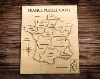 Puzzle carte de la France avec des villes en bois, carte du pays gravée, jouet éducatif de géographie pour enfants, cadeau carte de France rustique pour voyageur