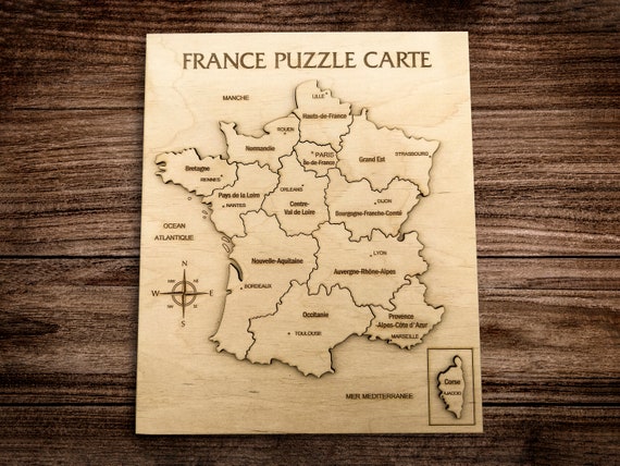 Puzzle Map of France With Cities of Wood, Engraved Map of the