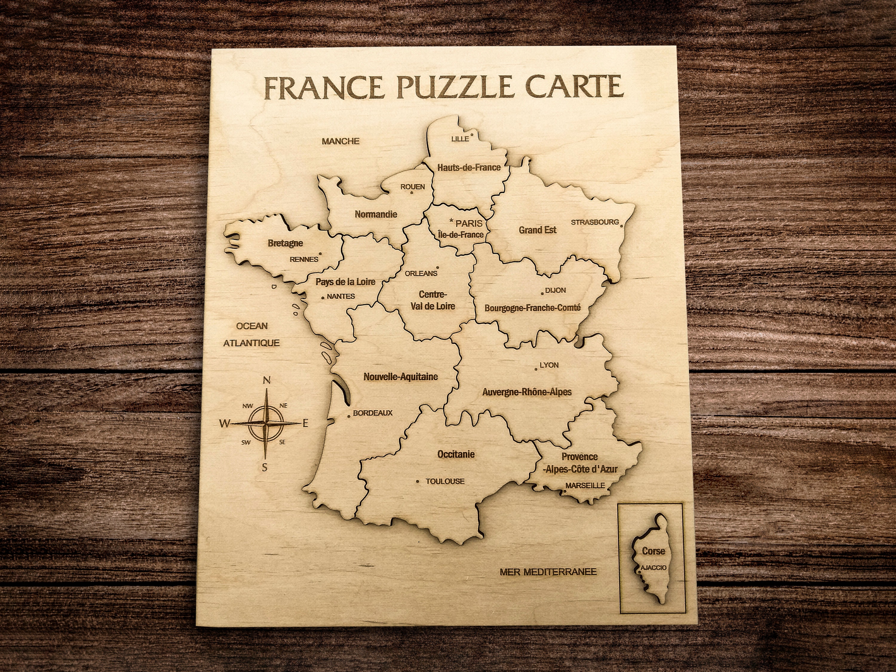 Puzzle map of France with cities of wood, Engraved map of the country, Educational kid toy of geography, Rustic France map gift for traveler