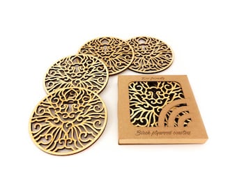 Laser Cut Lily Coasters with Holder, Wooden Drinkware mat Set of 4