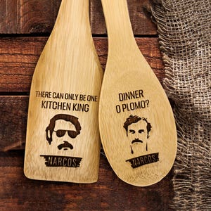 Pablo Escobar wood spatula and spoon set, Narcos engraved baking tool, Rustic kitchen decor gift for fan, Tv series cooking utensils